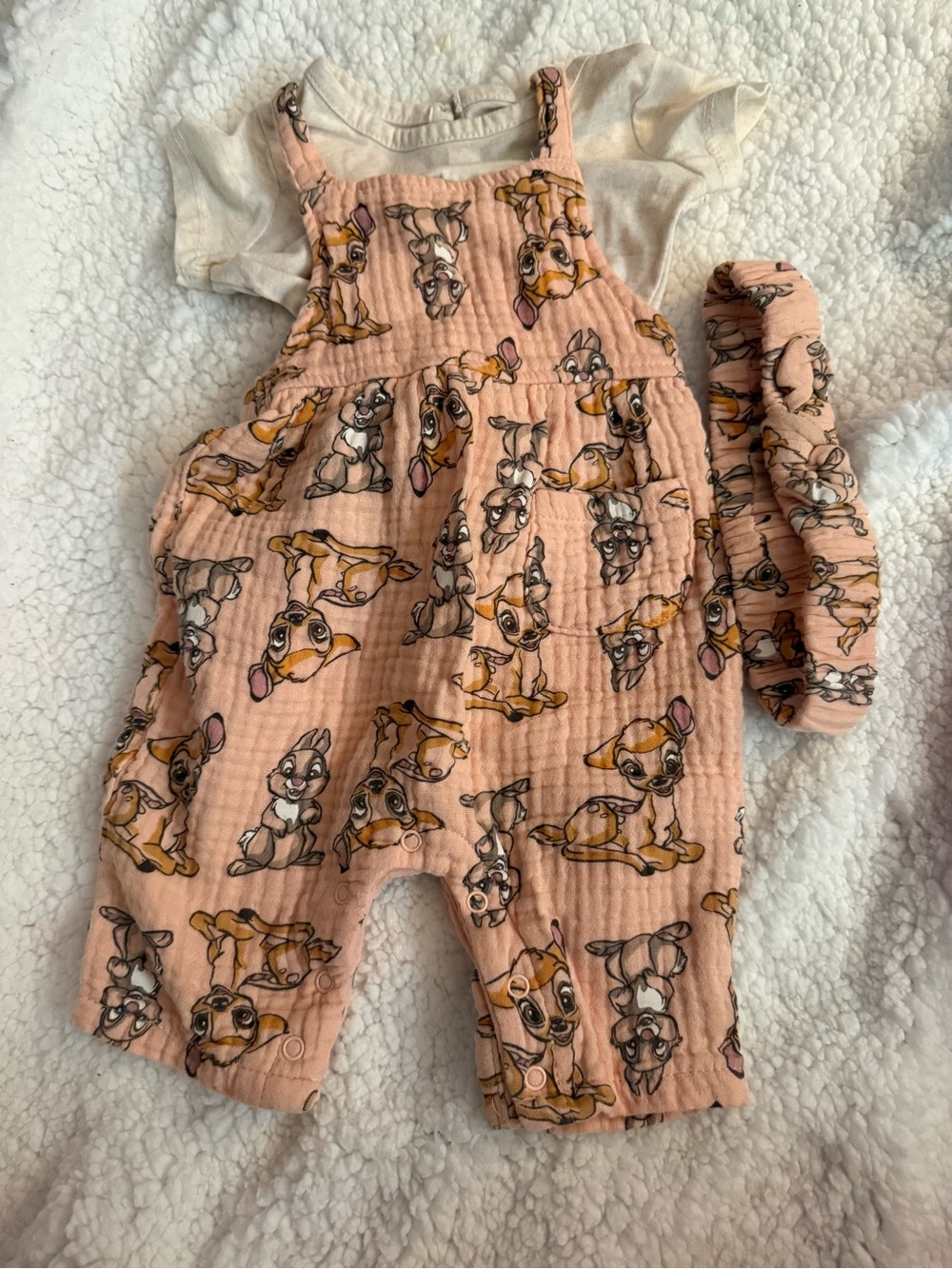 Peach Bambi Print Baby Overalls with Matching Headband